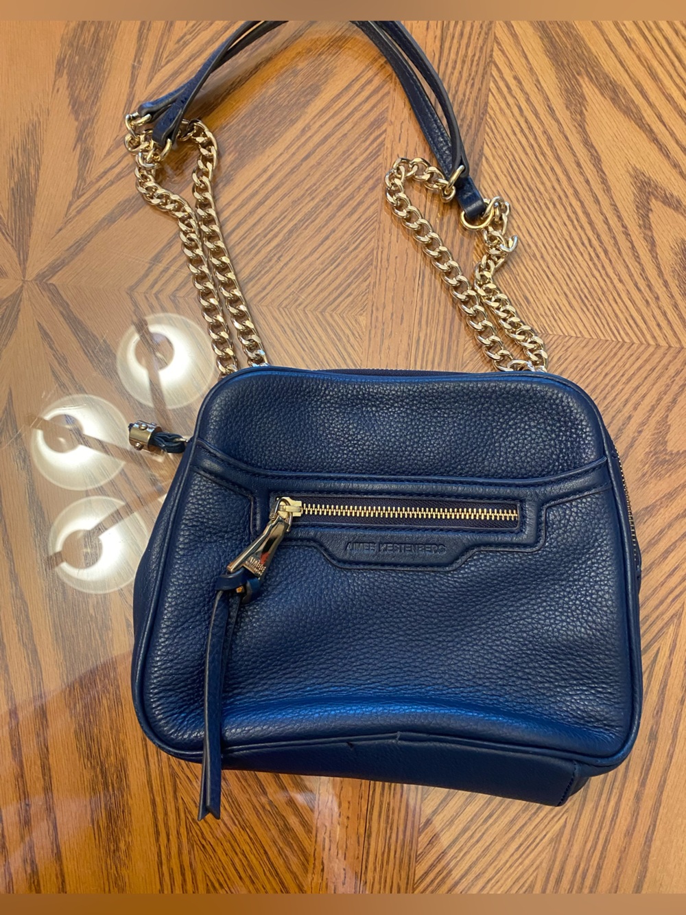 Aimee Kestenberg Navy Pebbled Leather Shoulder Bag with Gold Chain Strap